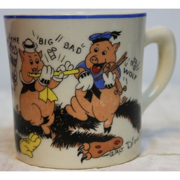 VTG 1930s Walt Disney Three Little Pigs Small Mug Patriot China Wolf Music Dance - Picture 3 of 10